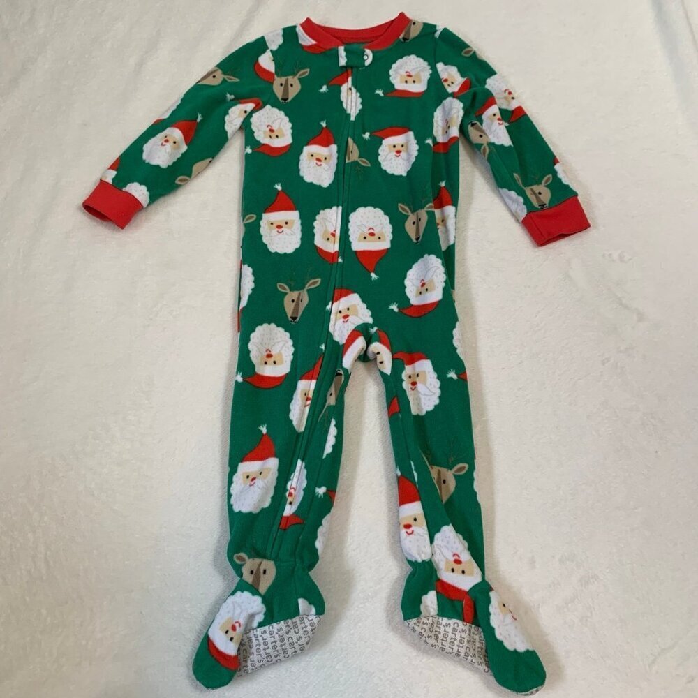 5/$25 Carter's Footed Pajamas Toddler 24M Green Santa Reindeer Fleece Sleeper